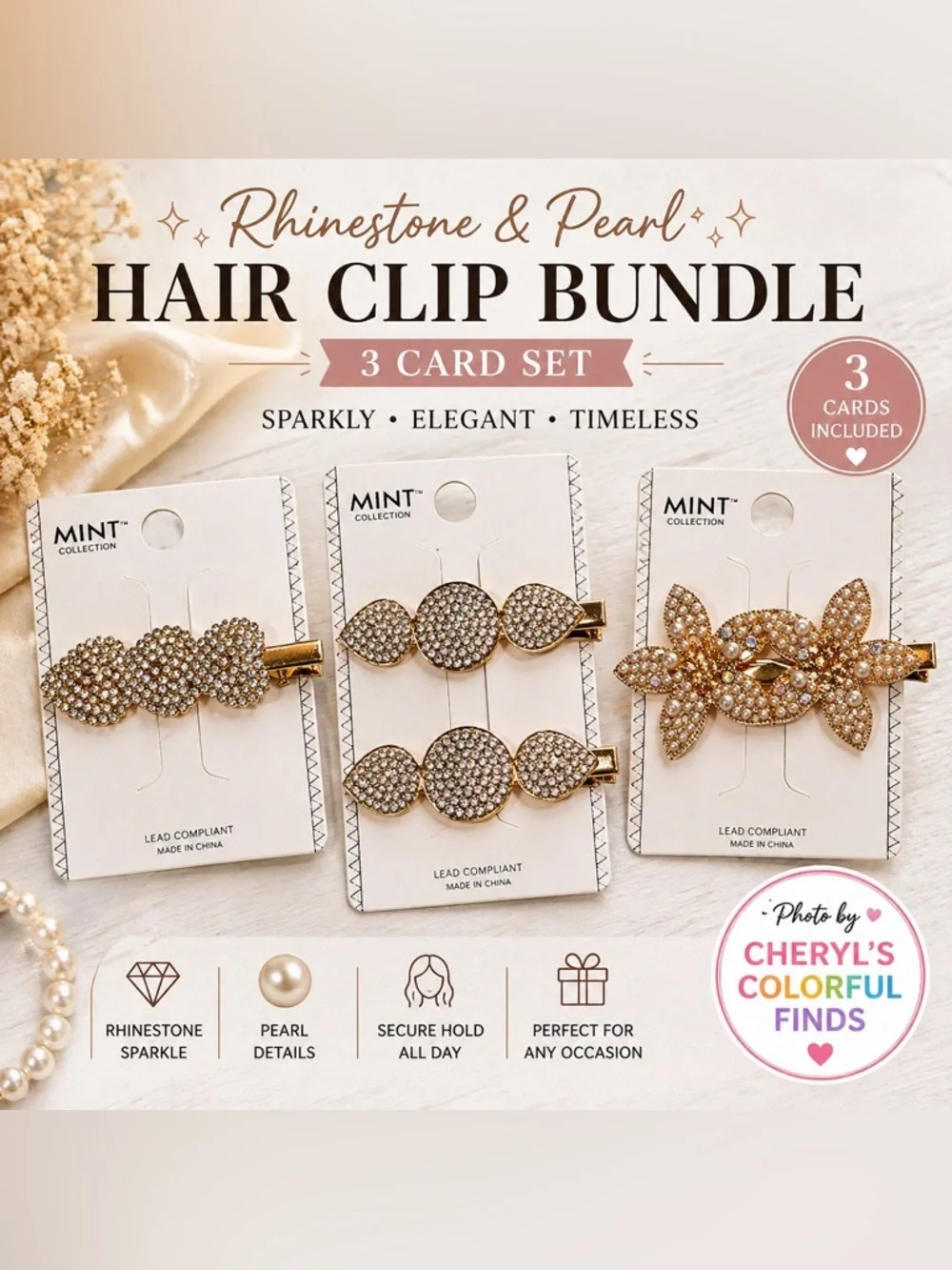 Rhinestone & Pearl Hair Clip Bundle – 3 Card Set